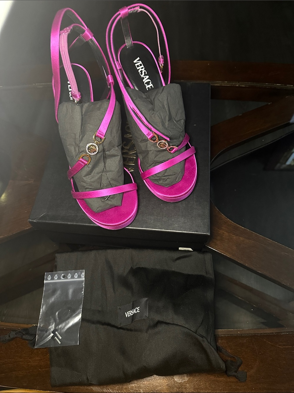 Versace Fuchsia Satin Strappy Heels with Gold Medallions